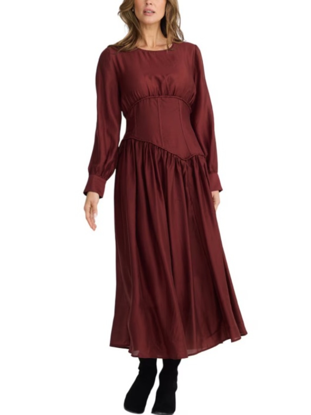Brave + True Martina Asymmetric Corset Seam Waist Midi Dress Rust NWT Medium